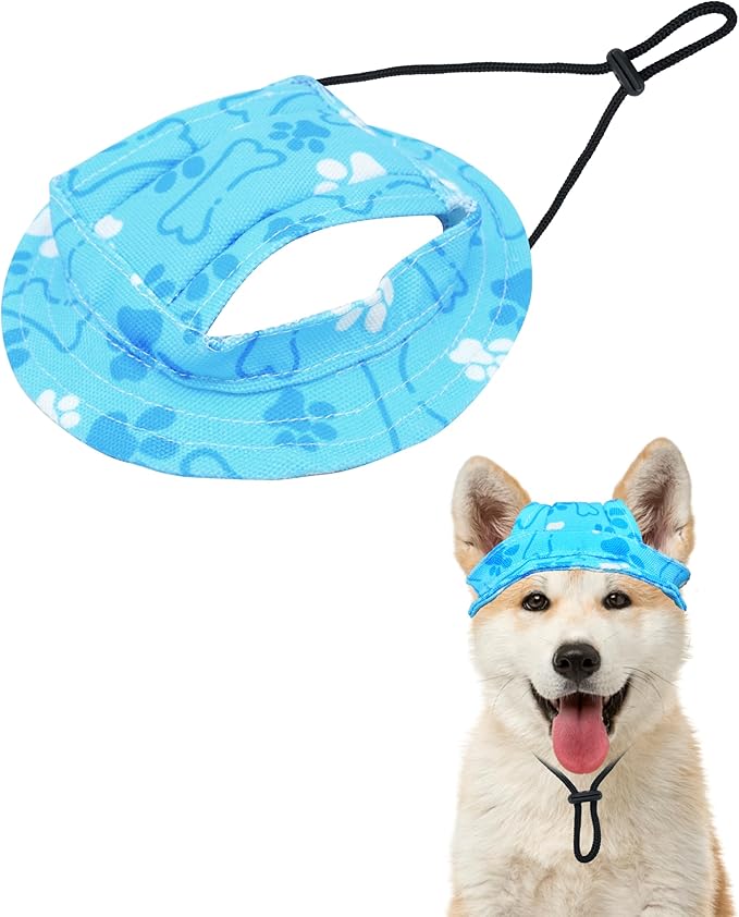PET SHOW Dog Bucket Hat Paw Print Dog Visors for Small Medium Dogs Waterproof Outdoor Pet Sun Hats with Ear Holes Round Brim Adjustable Drawstring Boy Puppy Cap-Blue/M