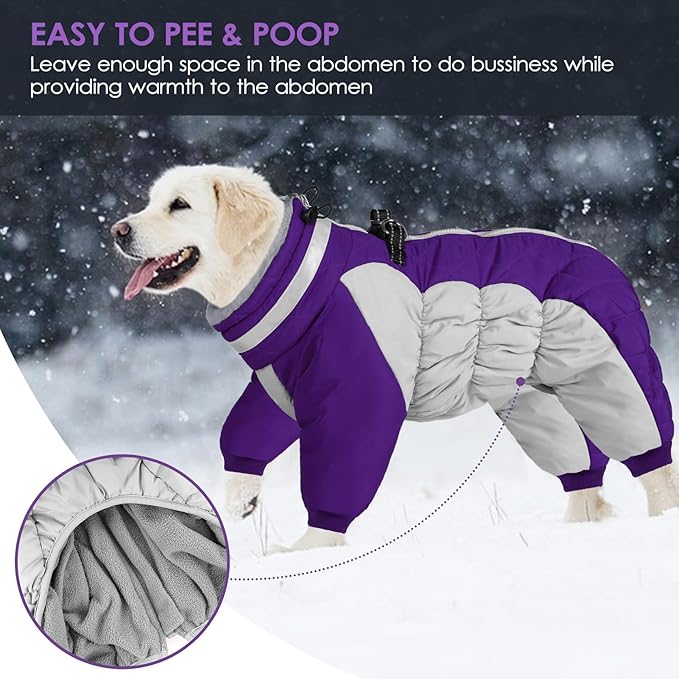 SUNFURA Purple Large Dog Coat, Water-Resistant Fleece, Turtle Neck, Windproof, Reflective, Full Body Warm Winter Dog Jacket with Harness