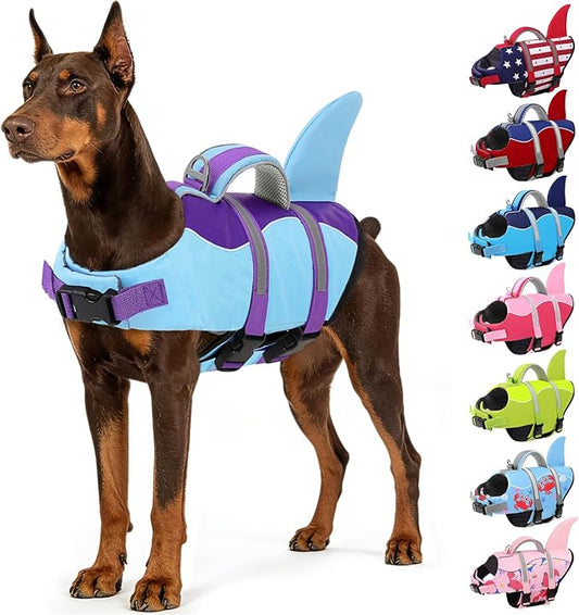 AOFITEE Dog Life Jacket, Dog Life Vest for Swimming, Shark Dogs Swimming Vest with Rescue Handle and Reflective Stripe, Ripstop Pet Float Coat Swimsuit Lifesaver Small Medium Large Dogs Purple XL