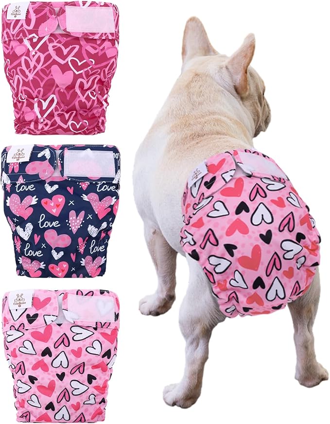 CuteBone Washable Dog Diapers Female No Tail Hole 3 Pack Reusable Doggie Period Training Pants Valentines for Docked-Tail Frenchie French Bulldog Boston Terrier Without Tail WWD20S