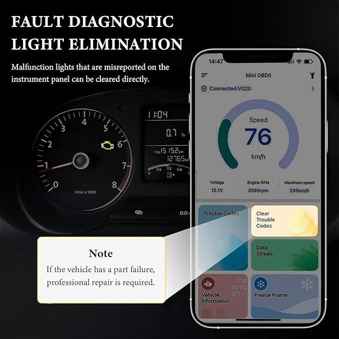 Bluetooth OBD2 Scanner, Auto Diagnostic Scan Tool to Clear/Reset Vehicle Engine Error Code, OBD II Wireless Diagnostic Code Reader with Exclusive App for Vehicles After 1996