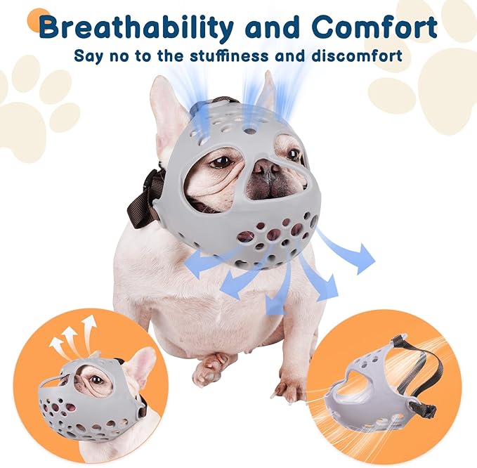 BARKLESS Dog Muzzle for Short Snout, Soft English Bulldog Muzzle for Biting, Chewing, Licking, Flat-Faced Bulldog Mouth Guard for Aggressive Dogs Grooming Walking, Allows Drinking