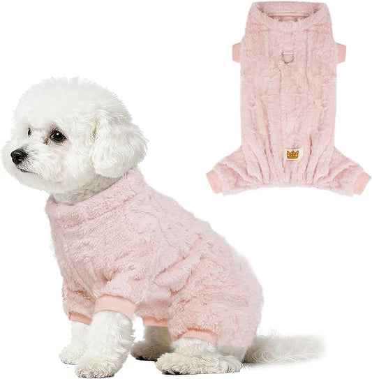Plush Dog Pajamas for for Small Dogs Cats, Dog Sweater with Leash Ring Ultra Soft Warm Pet Clothes Puppy Onesie Outfits Doggy Pjs Jumpsuit for Winter Christmas (Pink, Medium)
