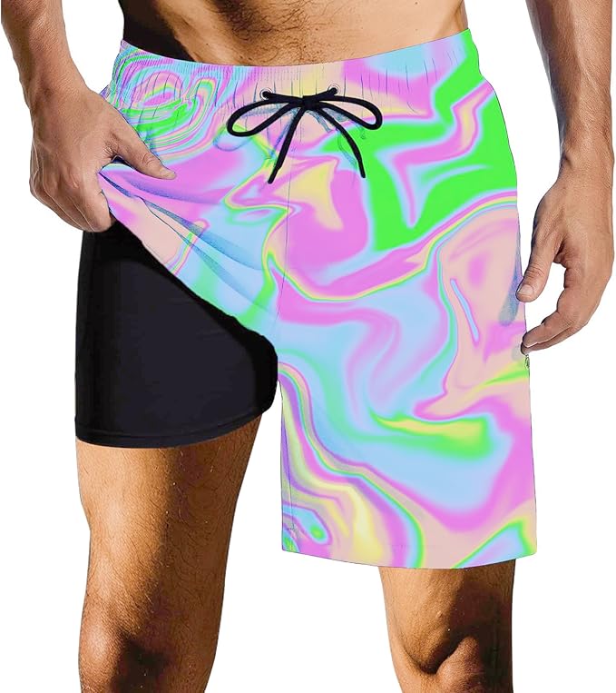 Mens Swim Trunks with Compression Liner Quick Dry Zipper Pocket Bathing
