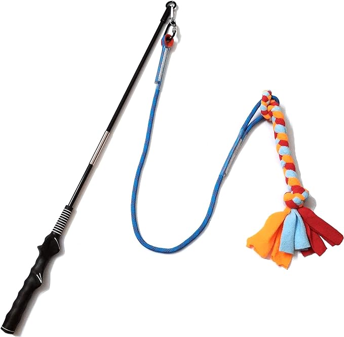 Interactive Flirt Pole Toy for Dogs Chase and Tug of War,Durable Teaser Wand with Pet Fleece Rope Tether Lure Toy to Outdoor Exercise & Training for Small Medium Large Dogs (Blue/Red, POLE-35 inches)