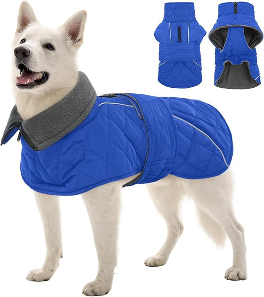 Kuoser Dog Coat, Super-Warm Dog Jacket Windproof Pet Cold Weather Coats for Extra Large Dogs, Fleece Lining Quilted Turtleneck Puppy Snowsuit Reflective Adjustable Doggie Winter Clothes, Blue, 2XL