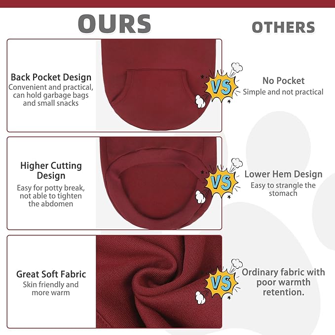 KOOLTAIL Dog Hoodie for Large Medium Small Dogs,Soft&Warm Pet Sweater with Leash Hole and Pocket Boy Girl,Puppy Fall Winter Jacket Clothes,French Pitbull Cold Weather Coat Sweatshirt,Deep Red S