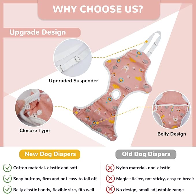 QBLEEV Dog Diapers Female Washable Sanitary Pantie with Adjustable Suspender, Reusable Doggie Diapers for Male Dogs in Heat, Cute Puppy Pet Period Panties Dog Underwear for Corgi French Bulldog S