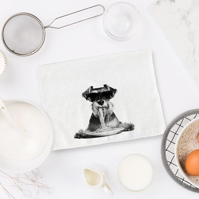 Schnauzer Gifts Funny Dog Kitchen Towels Set of 2, Dog Eating Pasta with Fruit Bowl Decorative Hand Dish Towel for Kitchen Home Bar, Gift for MiniatureSchnauzer DogLovers Home Decor(16x24Inch)