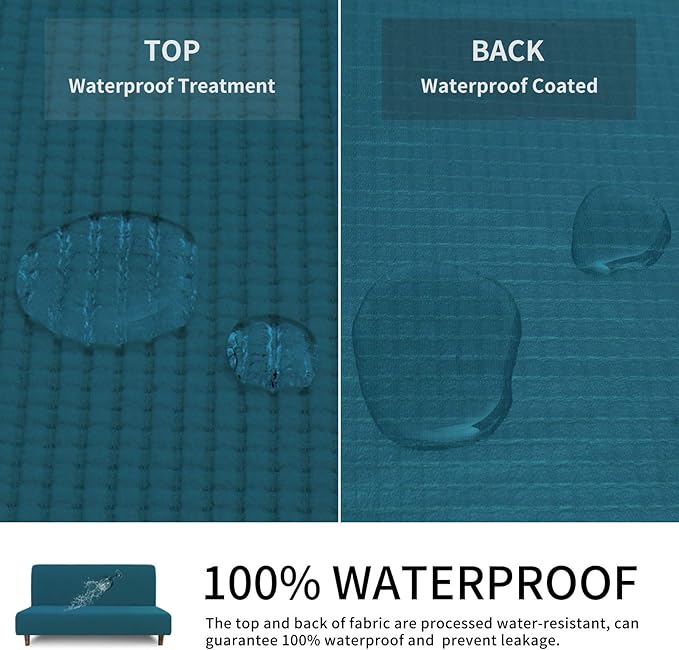 Easy-Going 100% Waterproof Futon Cover, Dual Waterproof Couch Cover for Futon, Stretch Jacquard Sofa Cover, Leakproof Furniture Protector for Kids, Pets, Dog and Cat (Medium, Peacock Blue)