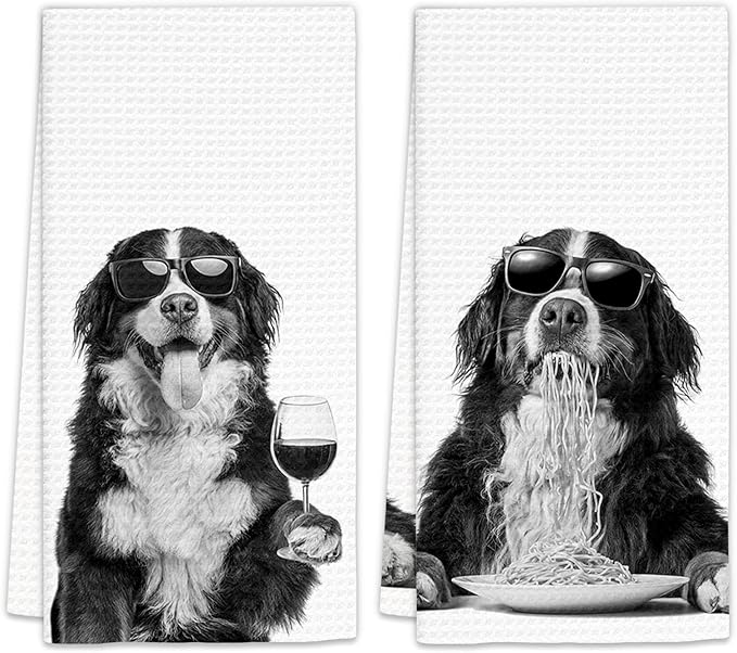 Bernese Mountain Dog Gifts Wine Kitchen Towels Set of 2, Funny Bernese Mountain Dog Eating Pasta Decorative Hand Dish Towel for Kitchen Home Bar, Gift for Wine Lovers Home Bar Decor(16x24Inch)
