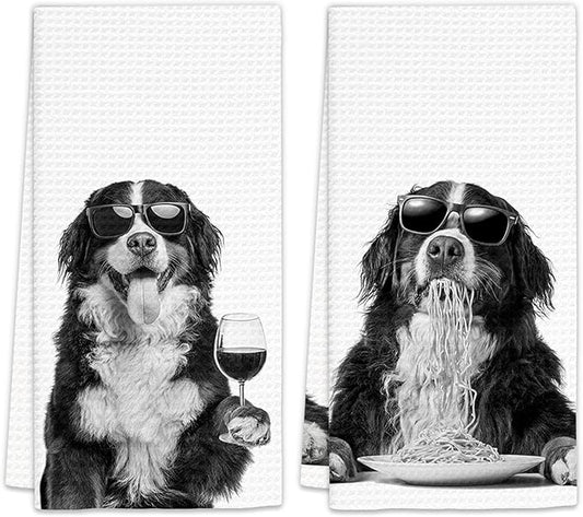 Bernese Mountain Dog Gifts Wine Kitchen Towels Set of 2, Funny Bernese Mountain Dog Eating Pasta Decorative Hand Dish Towel for Kitchen Home Bar, Gift for Wine Lovers Home Bar Decor(16x24Inch)