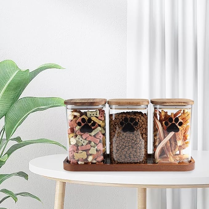 Morezi Dog Treat Container airtight Treats jar for countertop Closet Dog Food Storage 3 Jars with Tray Great for organizing pet Dogs Cats Birds Animal Food Treats Snack Khaki Bar