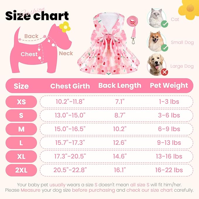 Cute Dog Dress Small Dog Clothes For Girls Female Puppy Outfits Pink Floral Pet Summer Clothes Bowknot Doggy Cat Princess Dress Harness Set for Holiday Birthday Party Costume Clothing (Pink,XS)