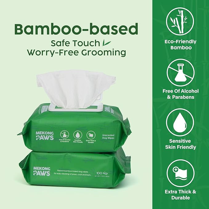 Bamboo Grooming Wipes - Unscented - Freshening Wipes for Dog & Cat - Skin-Friendly & Gentle - Thick & Durable for Paws, Coat & Bum Cleansing - 400 Count