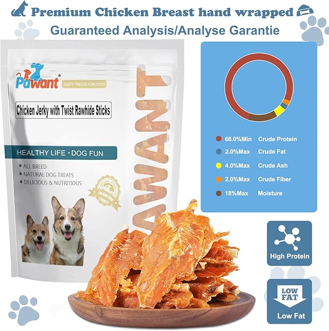 Chicken Jerky with Twist Rawhide Sticks for Dogs, 8 oz - High Protein Real Chicken Breast Dog Chews - Long Lasting Dental Care Treats for Puppies, Small and Medium Breeds, 4-4.5 Inch