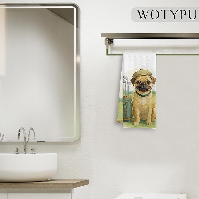 Funny Golf Pug Gifts Kitchen Towels, Dog Gifts for Women Men, Gifts for Pug Lovers Dish Tea Towels, Golf Lovers Gift Decorative Hand Towel for Bathroom, 16x24 Inch