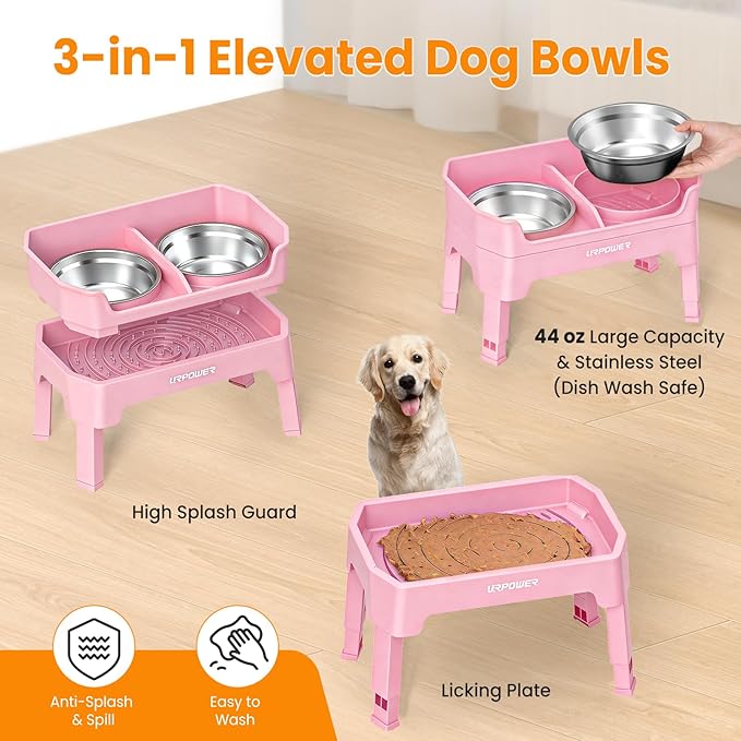 URPOWER 3-in-1 Elevated Dog Bowls - Mess Proof Double Deck 4 Height Adjustable Raised Stand with 2 Stainless Steel Food Bowls and Licking Plate for Small Medium & Large Dogs