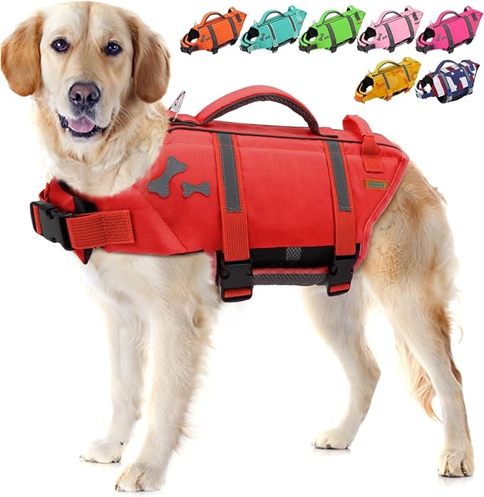 EMUST Life Jackets for Dogs, Adjustable Small/Medium/Large Dog Swim Vest for Water Safety Pet Life Vest with Rescue Handle Safety Vest for Swimming Pool Beach Boating, XL, NewRed