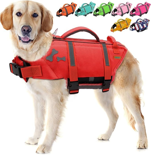 EMUST Dog Life Jacket, Lightweight Dog Life Vests with Rescue Handle for Small Medium and Large Dogs, Pet Safety Swimsuit Preserver for Swimming Pool Beach Boating, 2XL, NewRed
