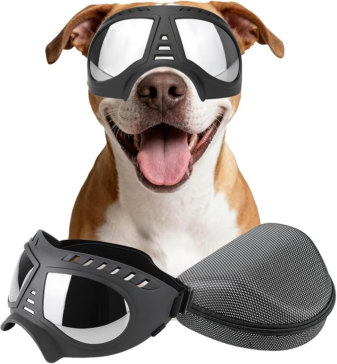 PETLESO Large Dog Goggles, Windproof Snowproof Anti-UV Dog Sunglasses for Medium to Large Breed Eye Protection, Soft Frame with Adjustable Straps, Black