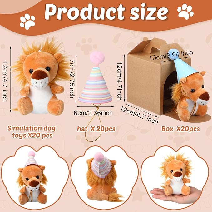 20 Set Safari Mini Jungle Animal Plush Toys Stuffed Forest Animals Plush Toys Set with Birthday Hats Kraft Paper Boxes Adopt Pet for Kid Theme Birthday Favor(Jungle)