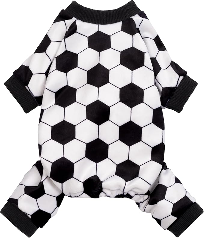 Fitwarm Soccer Dog Fleece Pajamas, Cozy Winter Clothes for Small Dogs Boy Girl, Funny Pet Clothes, Black, White, Large