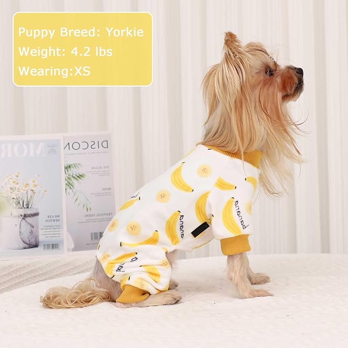 Kosiyi Dog Clothes for Small Dogs Girl Boy Dog Pajamas, Stretch Fleece Winter Spring Outfit, Lightweight Velvet Pet Jumpsuit, Pjs, Onesie Dog Apparel, Banana