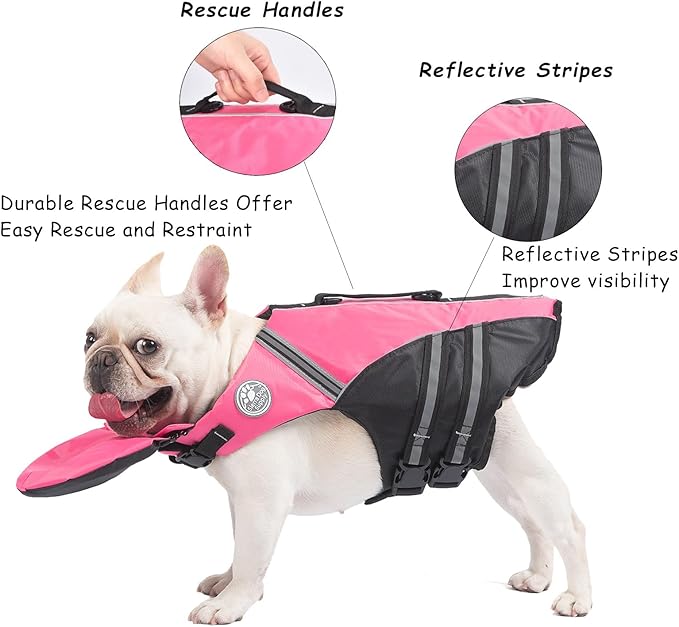 Dog Life Jacket, French Bulldog Life Vest for Swimming Boating, Dog Swim Vest with Chin Float and Rescue Handle, High Flotation Puppy Life Jackets (Chest Girth: 17" to 30", Weight: 17" to 28" LB)