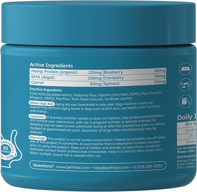 PetHeal Aging Aid Chews for Senior Dogs - Vet-Reviewed - Supports Joints, Energy & Vision with Hemp, DHA, Blueberry & Spinach | Fights Inflammation & Promotes Vitality | 30 Pork-Flavored Soft Chews
