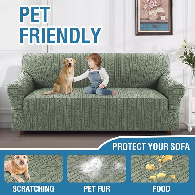 H.VERSAILTEX Jacquard Slip Covers for Sofas/Couches 3 Cushions 1 Piece Stretch Sofa Covers Furniture Protector Anti-Slip Soft Thickened Slipcovers Washable Spiral Pattern(Sofa, Sea Grass)