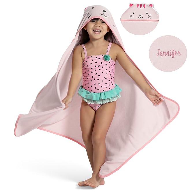 Delta Children Personalized Kids Hooded Bath Towel with Pockets - Super Soft and Absorbent- Great Gift for Boys and Girls, Pink Cat