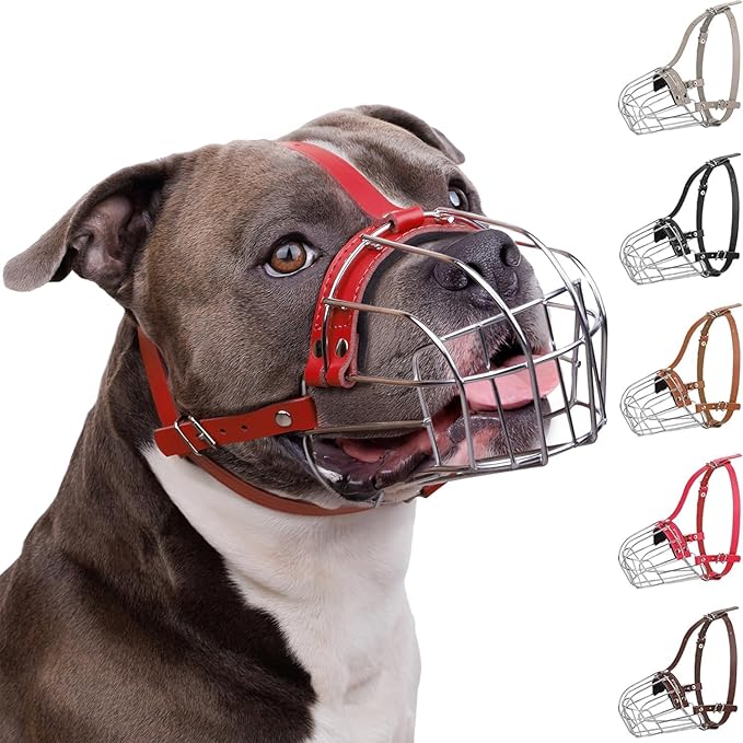 BRONZEDOG Pitbull Dog Muzzle Breathable Metal Basket for Large Dogs Amstaff Staffordshire Terrier Biting Chewing Barking (Leather, Red)