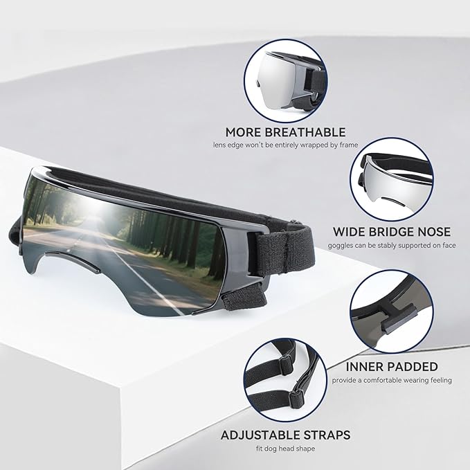 Dog Goggles for Small Dog Doggy Goggles with Adjustable Straps Anti-UV Doggie Sunglasses Windproof Eye Protection Pet Sunglasses to Small Breed, Silver