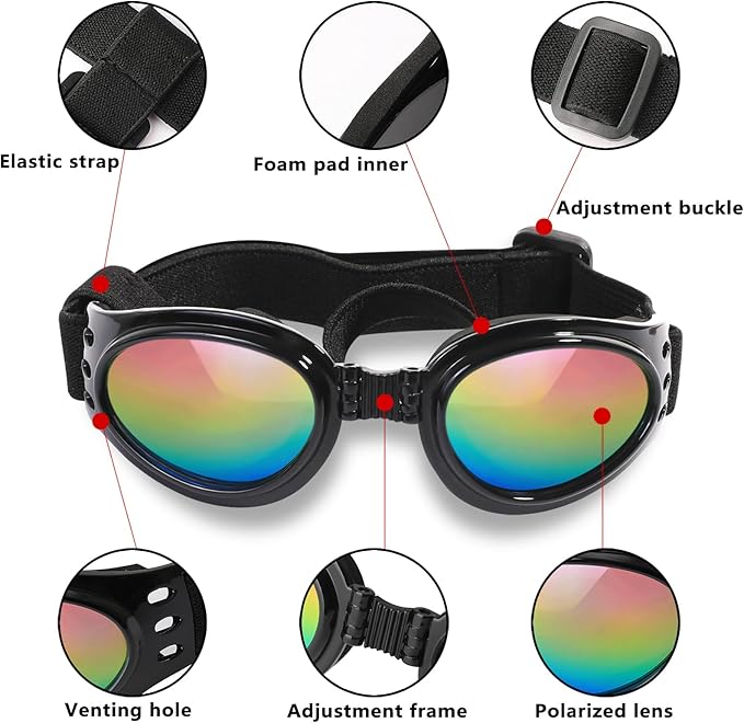 QUMY Dog Sunglasses Dog Goggles for Medium Large Breed Dogs, Wind Dust Fog Protection Eye Wear Pet Glasses with Adjustable Strap for Motorcycle Car Driving Bike Riding Hiking Swimming Over 15lbs Red