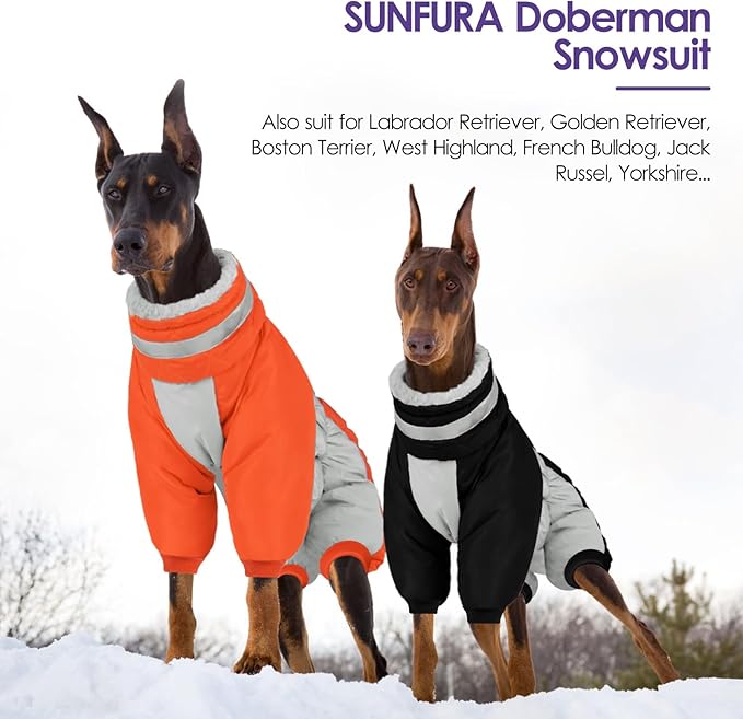SUNFURA Full Body Dog Coat - Warm Fleece Jacket for Large Dogs, Turtleneck Winter Coats with Harness, Reflective Dog Snowsuit Windproof Puffer Jackets with Legs for French Bulldog, Orange L