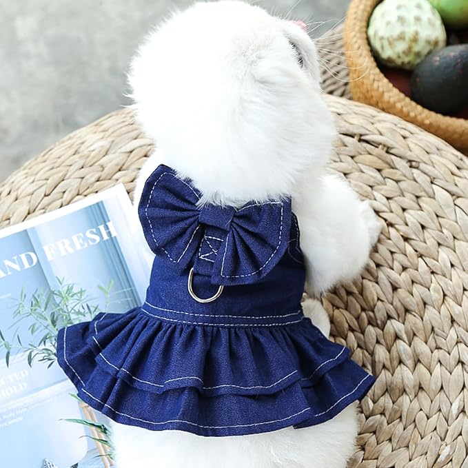 ANIAC Denim Dog Dresses for Small Dogs Puppy Girl Clothes with Leash Ring and Cute Bow Knot Summer Cat Apparel with D-Ring Blue Girl Dog Clothes (Dark Blue, X-Small)