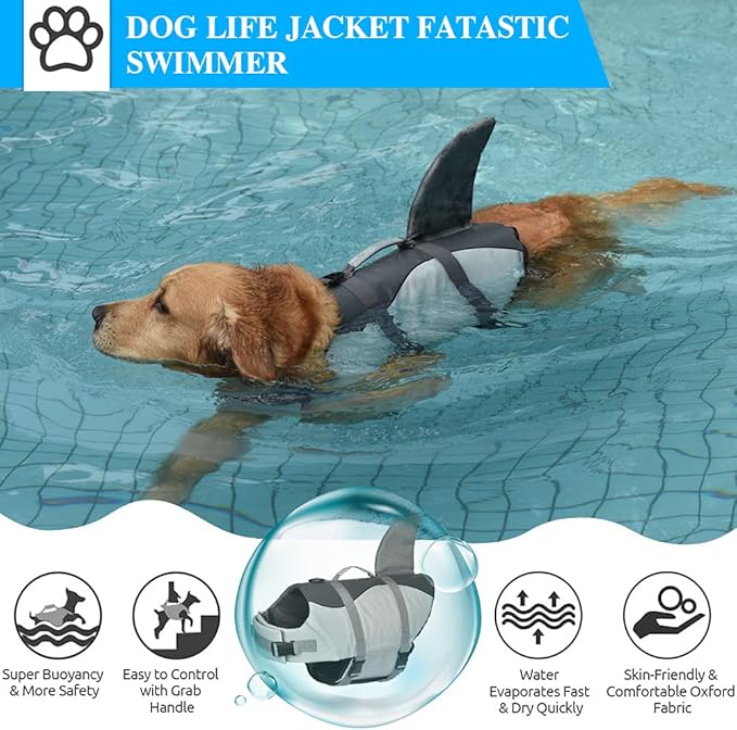 Fragralley Shark Dog Life Jacket, High Buoyancy with Tear-Resistant Nylon, Dog Float Vest for Swimming and Boating, Pet Life Preserver for Small Medium Large Dogs (PFD)