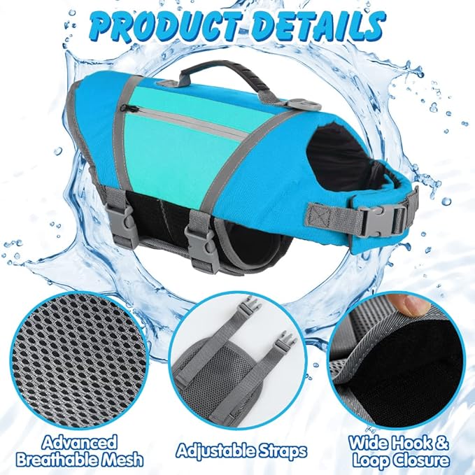 EMUST Dog Life Vests for Swimming, Adjustable Dog Life Jackets for Small Dogs with Hook & Loop, Reflective Dog Swim Vest with Quick-Release Buckles for Bulldogs, Dachshunds, Corgis, Blue, S