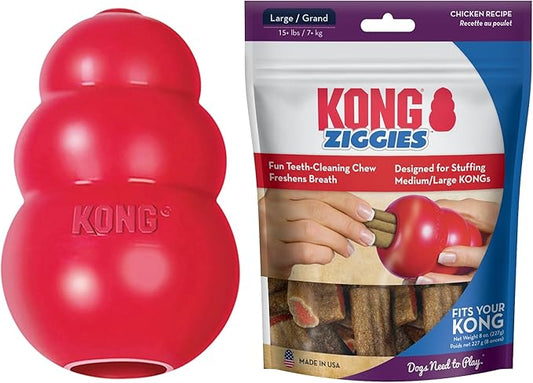 KONG Classic Toy & Ziggies Treats Combo Pack - Durable Chew Toy for Dogs - with Ziggies Chicken-Flavored Treats - Dog Accessories for Fun & Health - for Medium Dogs