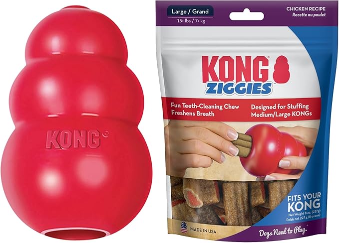 KONG Classic Toy & Ziggies Treats Combo Pack - Durable Chew Toy for Dogs - with Ziggies Chicken-Flavored Treats - Dog Accessories for Fun & Health - for X-Large Dogs