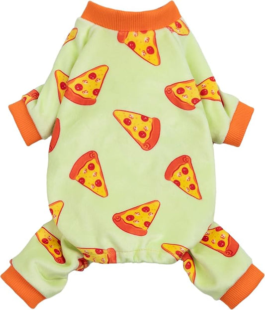 Fitwarm Pizza Dog Fleece Pajamas, Funny Cozy Clothes for Small Dogs Boy Girl, Soft Pet Onesie, Light Green, Orange, Small