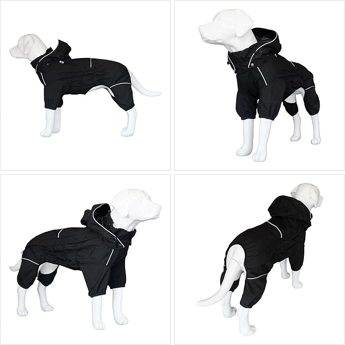 LOVELONGLONG Waterproof Dog Raincoat with Removable Hood – Outdoor Full Body Dog Jacket, Windproof Snowproof Shell Suit – All Season Pet Rain Gear Black 3XL