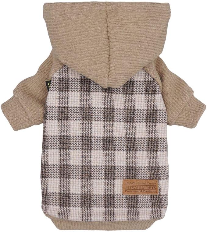 Fitwarm Tartan Plaid Dog Hoodie, Knitted Dog Clothes for Small Dogs Boy, Pet Sweatshirt, Knitted Sweater, Beige, XS