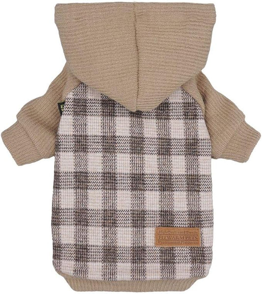 Fitwarm Tartan Plaid Dog Hoodie, Knitted Dog Clothes for Small Dogs Boy, Pet Sweatshirt, Knitted Sweater, Beige, Small