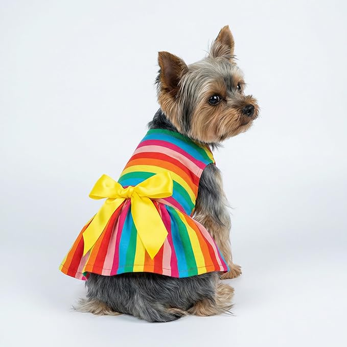 Fitwarm Rainbow Striped Dog Dress, Summer Dog Clothes for Small Dogs Girl, Pet Cat Outfit, 100% Breathable Cotton, Red Yellow Blue, XS