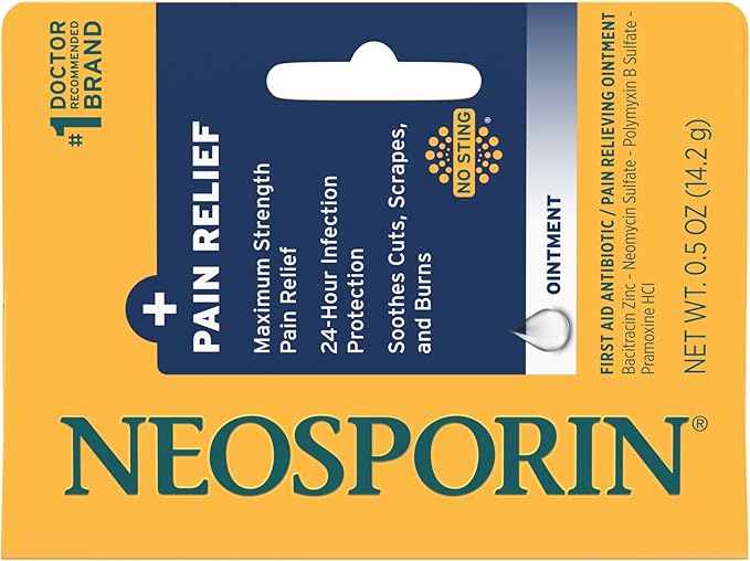 Neosporin + Maximum-Strength Pain Relief Dual Action Ointment, First Aid Topical Antibiotic & Analgesic Ointment for 24-Hour Infection Protection with Bacitracin Zinc & Pramoxine HCl,.5 oz