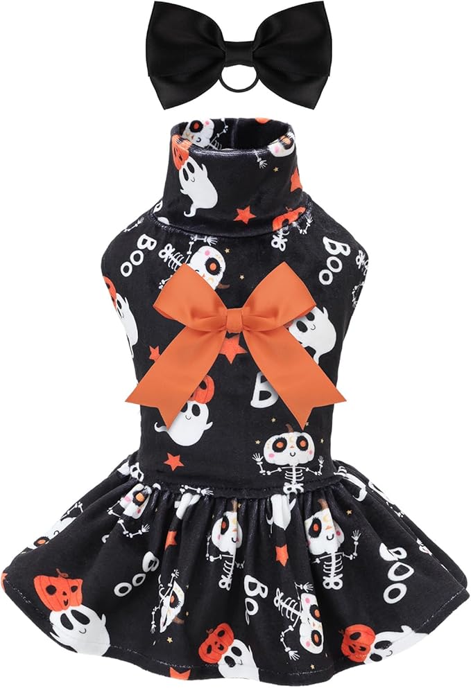 CuteBone Turtleneck Dog Velvet Dress Halloween Puppy Skirt Costume Pet Clothes Cat Apparel with Bow Hair Rope for Small Dogs CVD22S
