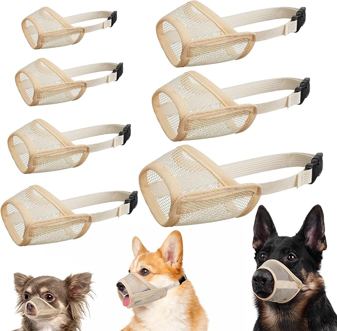 LUCKYPAW Dog Muzzle Suits for Small Medium Large Dogs, Mesh Muzzle Anti Biting Chewing, Breathable Mouth Cover Set with Adjustable Strap for Grooming Vet Visiting Training (7 PCS(XXS-XXL), Beige)