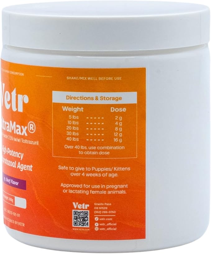 Vetr's Toltramax 2.5% Toltrazuril Powder for Dogs, Cats, Horses, Anti-Coccidia, Antiprotozoal Agent, Safe for Puppies, Kittens, and Pregnant Animals, 100g (Beef Flavored)
